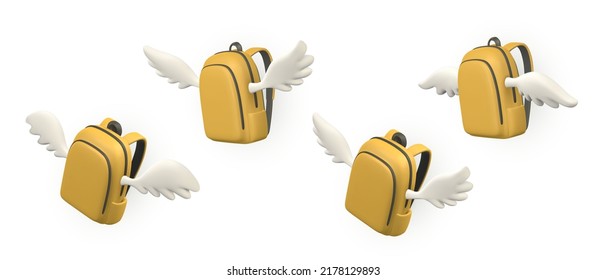 Cute cartoon yellow backpack with wings. 3d realistic school bag. Back to school concept. Vector illustration.