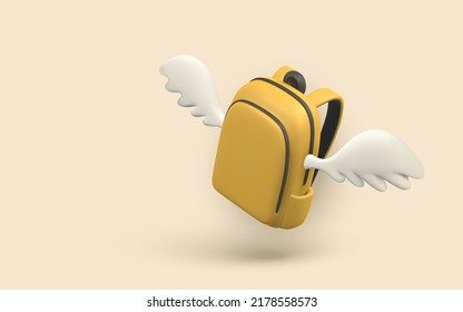 Cute cartoon yellow backpack with wings. 3d realistic school bag. Back to school concept. Vector illustration.