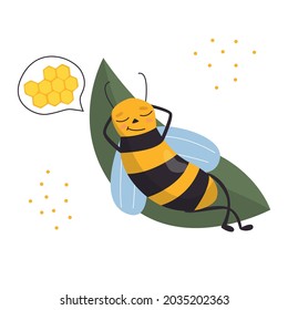 A cute cartoon yellow bee lies on a hammock and dreams of a honeycomb. Vector flat illustration.