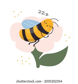 A cute cartoon yellow bee sleeping on a large pink flower. Vector flat illustration.
