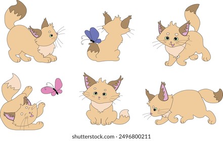 Gato beige amarillo lindo de la historieta. Conjunto de Ilustraciones vectoriales en estilo de dibujos animados