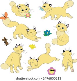 Cute cartoon yellow beige cat. Set of vector illustrations in cartoon style