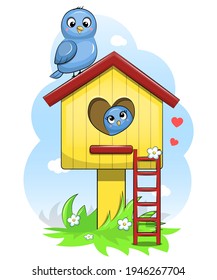 Cute cartoon yellow bird house with blue birds, vector illustration isolated on white.