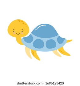 Cute cartoon yellow and blue turtle isolated on white. Kawaii style