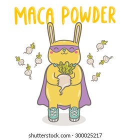 Cute cartoon yellow bunny superhero holding maca plant. Maca powder superfood vector illustration.