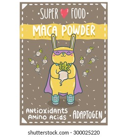 Cute cartoon yellow bunny superhero holding maca plant. Maca powder superfood vector illustration. Label, tag, sticker design for your package.