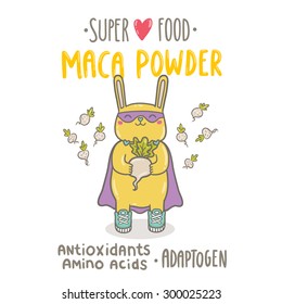 Cute cartoon yellow bunny superhero holding maca plant. Maca powder superfood vector illustration.