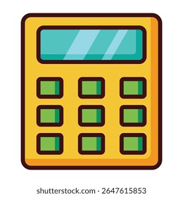 Cute cartoon yellow calculator icon with green buttons isolated on white background.