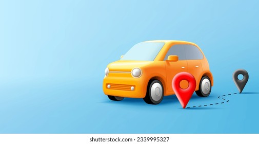 Cute cartoon yellow car illustration, 3d render with pins and route planned, digital composition