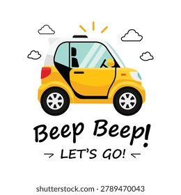 Cute Cartoon Yellow Car Vector Illustration with Beep Beep Typography for Kids Design