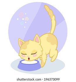 Cute cartoon yellow cat drinks milk on purple background. Vector illustration