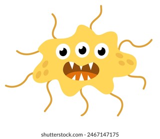 Cute cartoon yellow character bacteria, microbe, germ. Microbiology organism. Mascot expressing emotion. Vector children illustration in flat design.