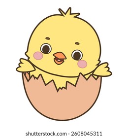 Cute cartoon yellow chick coming out of an egg vector illustration isolated on white background	