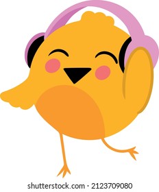 Cute Cartoon Yellow Chick Listens To Music In Headphones And Dances. Vector Illustration. Image Isolated On White Background. For Use In Menu Of Childrens And Thematic Products Posters Postcards For