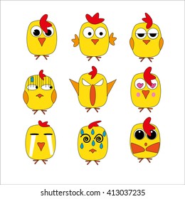 Cute cartoon yellow chicken character set. 