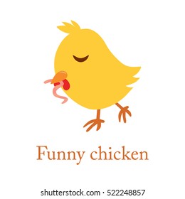 Cute cartoon yellow chicken with worm, vector, bird, illustrations, animal, vector illustration on white background.