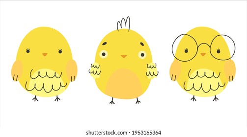 Cute cartoon yellow chickens isolated on white background. Children’s cartoon vector illustration. Three Yellow Chicks.