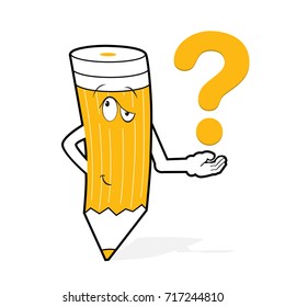 Cute cartoon yellow color pencil. Comic character with big eyes. Humanized pencil with emoji and question mark. Vector Illustration.