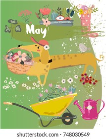 cute cartoon yellow dachshund with flowers