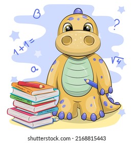 Cute cartoon yellow dinosaur with books and pencils. School animal vector illustration isolated on blue background.