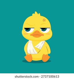 Cute cartoon yellow duckling character with an injured wing in a sling and a head bandage, looking grumpy and upset after a mishap, against a simple teal background