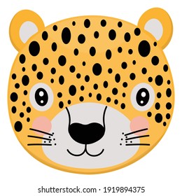 Cute cartoon yellow face of leopard. A single stylized portrait of a wild animal living in the jungle on a white background. Vector.