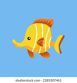 Pescado amarillo de dibujos animados en fondo azul aislado icono de ilustración vectorial