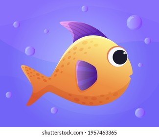 Cute cartoon yellow fish in the ocean. Vector illustration of marine life. Isolated.
