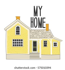 Cute cartoon yellow house. Vector.