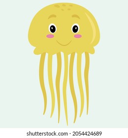 Cute cartoon yellow jellyfish. Sea life. Flat vector illustration for children.