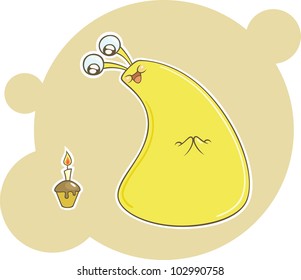 Cute cartoon yellow monster with birthday cupcake. Vector illustration