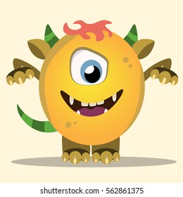 cute cartoon yellow monster with horns and a sternly raised hands vector