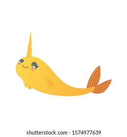 Cute cartoon yellow narwhal. Magical and dreamy sea unicorn with gradient, cartoon animal, isolated vector illustration of narwhals on white background.