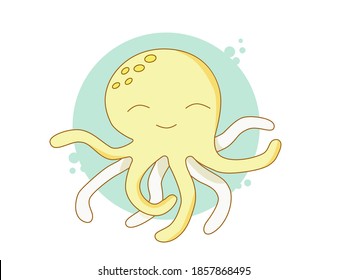Cute cartoon yellow octopus. Illustration sea animal for kids. Print for shirt, children room decor. Vector illustration.