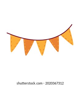 Cute cartoon yellow orange flag for harvest holiday. Traditional garland of triangular flags. Festive home decor for Thanksgiving. Element, clipart, object, item for design of invitations, posters.