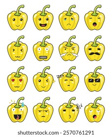 A cute cartoon yellow paprika in various expressions, happy, smile, sad, crying, sleepy, sleep, sour, shock, angry, calm, fall in love, blink, cool, hot, suspicious, sing, tired