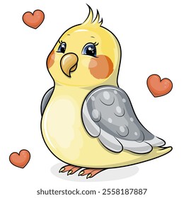 Cute cartoon yellow parrot. Vector illustration of an animal with red hearts on a white background.