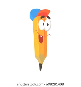 Cute cartoon yellow pencil comic character wearing blue cap, humanized pencil with funny face vector Illustration