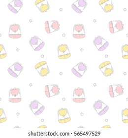 cute cartoon yellow pink and violet backpack seamless vector pattern background illustration