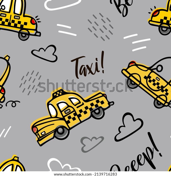 Cute\
cartoon yellow retro taxis are flying among the clouds on a gray\
background. Childrens cartoon illustration in doodle style. For\
boys, nursery, wallpaper, printing fabric,\
wrapping.