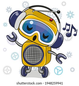 Cute Cartoon yellow Robot with headphones on a white background