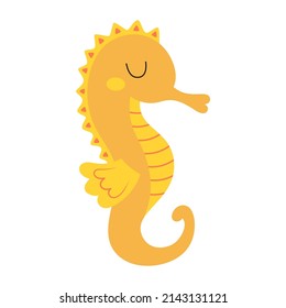 cute cartoon yellow seahorse in flat style isolated on white background, vector illustration