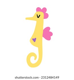 Cute cartoon yellow seahorse with pink fins. Children's naive vector illustration isolated on white background