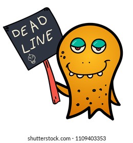 Cute cartoon yellow smiling "DEADLINE" monster. Vector octopus character. Halloween design for print, stickers, t-shirt, illustration, logo, emblem or any other things like books, 	
clothes and toys