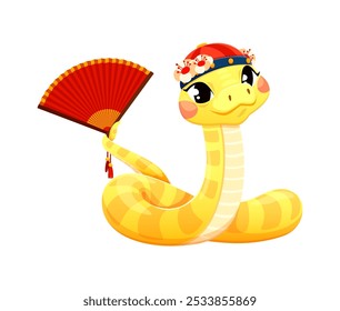 Serpiente amarilla linda de la historieta en sombrero chino tradicional adornado con flores y sosteniendo un abanico rojo en su cola, sonriendo calurosamente. Carácter del año lunar chino 2025, símbolo de fiesta animal del reptil del zodiaco