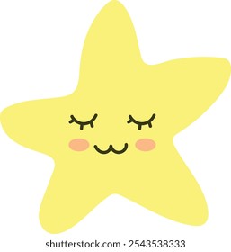 Cute cartoon yellow star with closed eyes, rosy cheeks, and a content smile, ideal for children's books, nursery decorations, and educational materials.