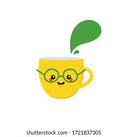 Cute cartoon yellow tea cup character with speech bubble, talking, giving advice or information. 
