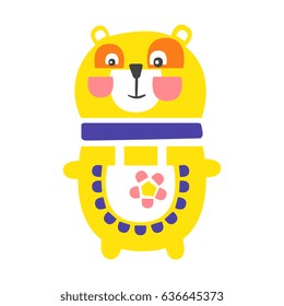 Cute cartoon yellow teddy bear standing. Funny lovely animal colorful character vector Illustration