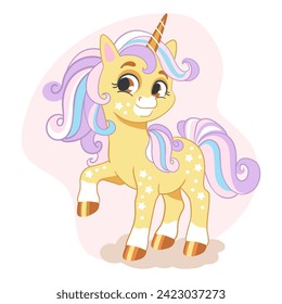 Cute cartoon yellow unicorn with purple mane and tail isolated on a white background. Unicorn character. Color vector illustration for print, design, stickers, decorations, kids clothes, souvenirs