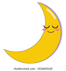 Cute cartoon yellow vector crescent moon with emoji face asleep Suitable for: icon, highlights, sign. The element is isolated, on a white background.